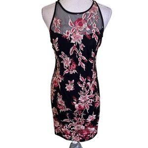 White House Black Market Sleeveless Black Sheath Dress with Floral Embroidery